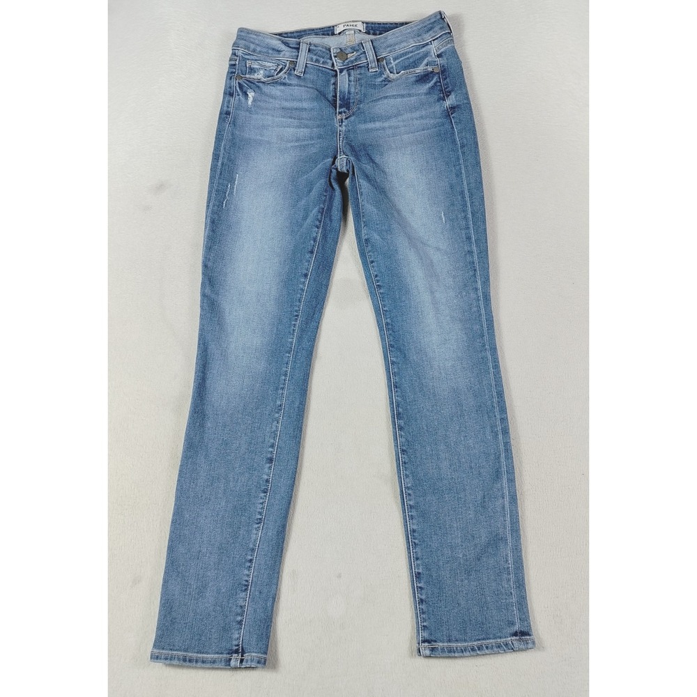 Paige Skyline Ankle Peg Jeans Womens 27 Blue Medium Wash Distressed Stretch